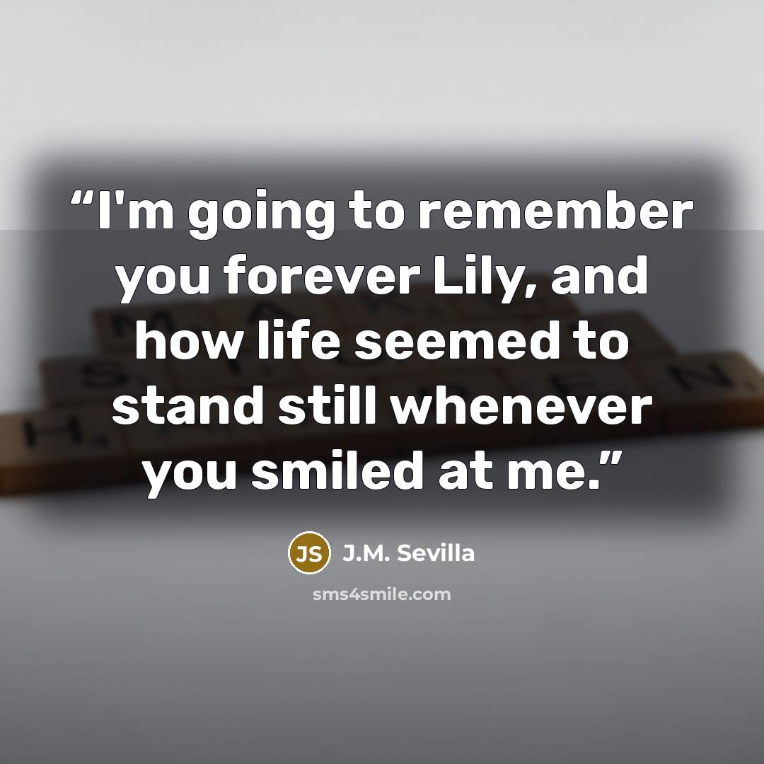 “I'm going to remember you forever Lily, and how life seemed to stand still whenever you smiled at me.” quote by J.M. Sevilla