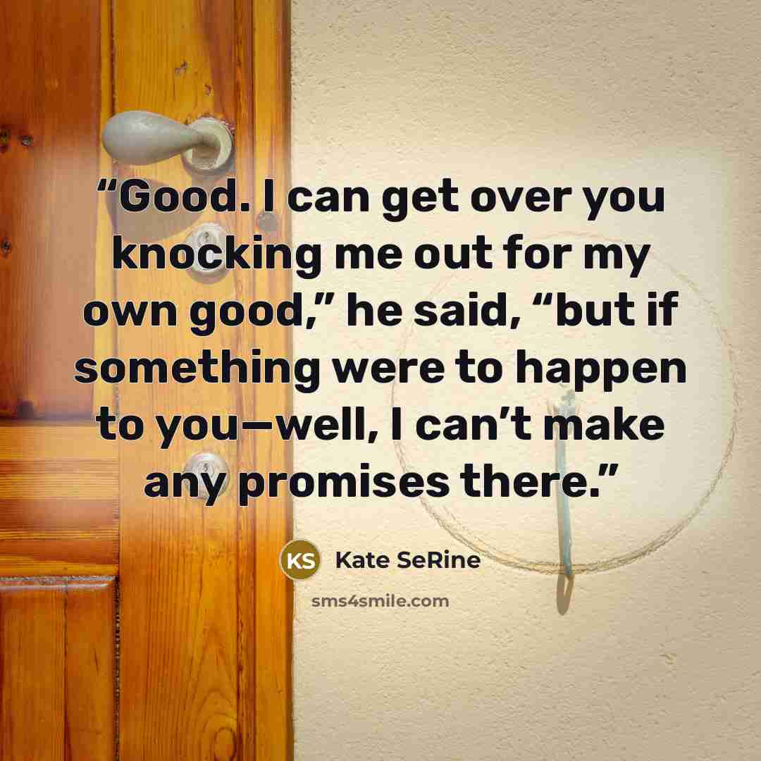 “Good. I can get over you knocking me out for my own good,” he said, “but if something were to happen to you—well, I can’t make any promises there.” quote by Kate SeRine