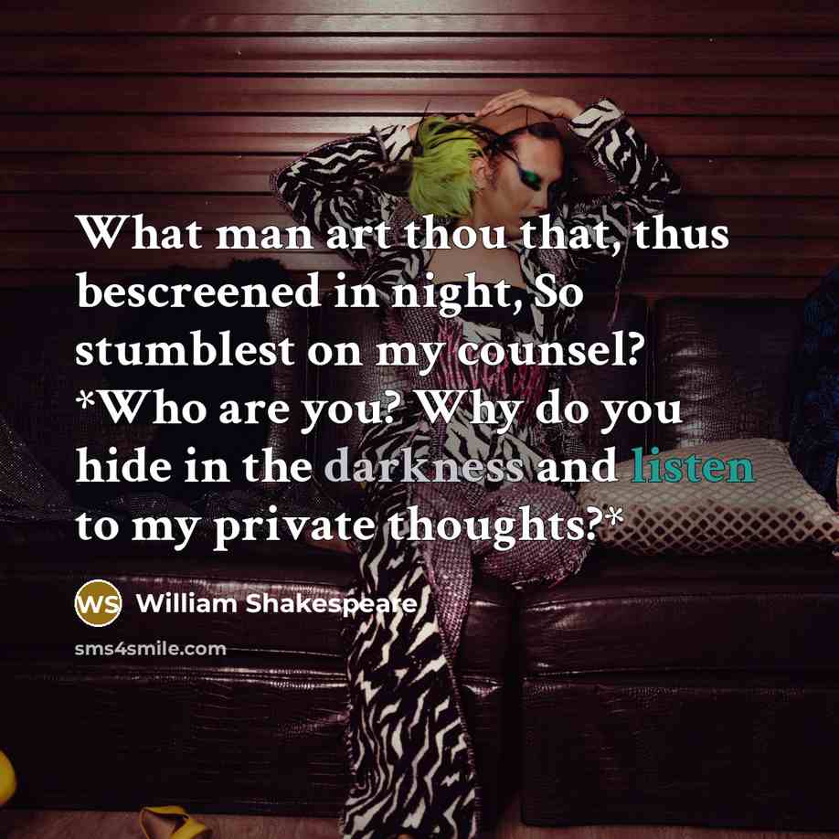 “What man art thou that, thus bescreened in night, So stumblest on my counsel? *Who are you? Why do you hide in the darkness and listen to my private thoughts?*” quote by William Shakespeare