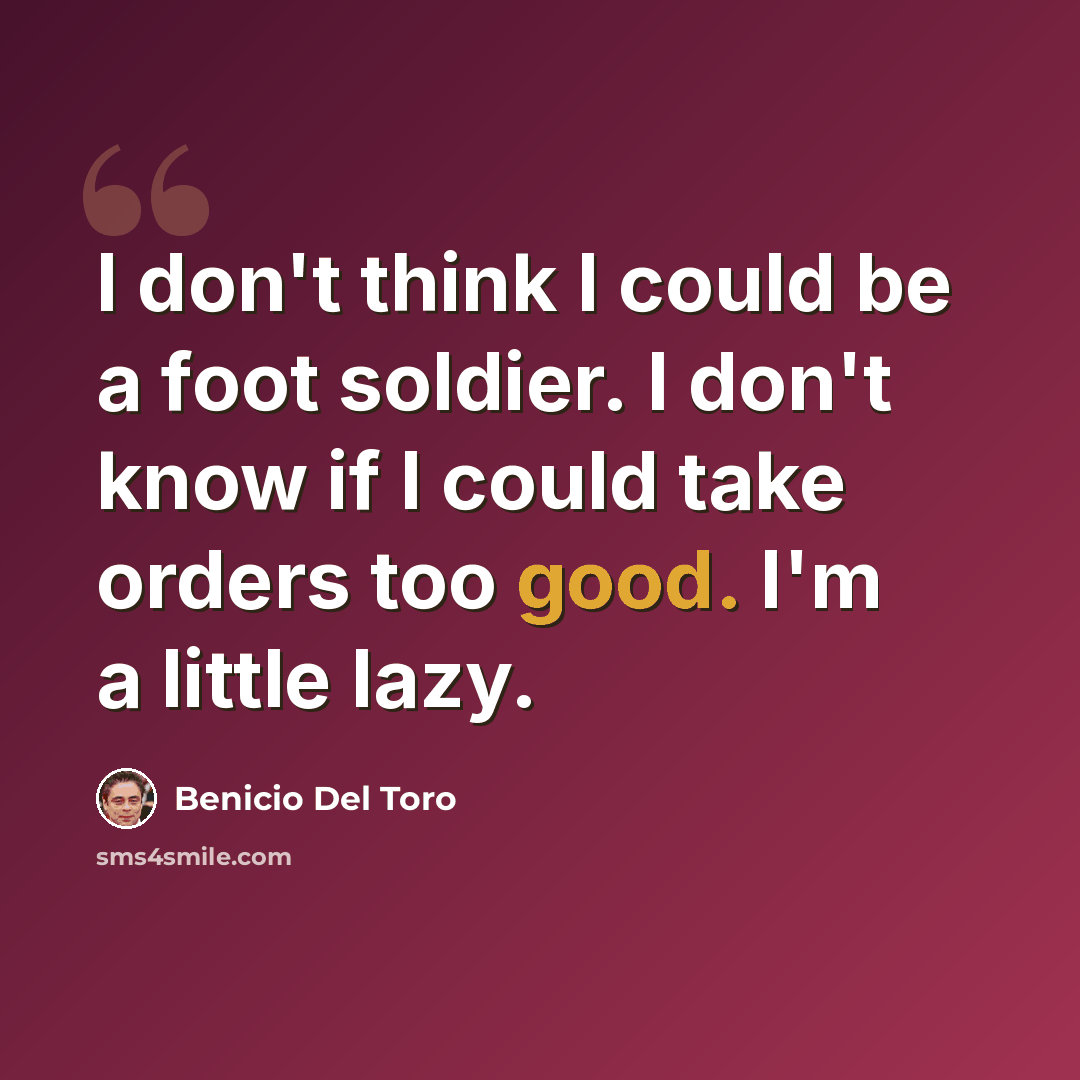 “I don't think I could be a foot soldier. I don't know if I could take orders too good. I'm a little lazy.” quote by Benicio Del Toro