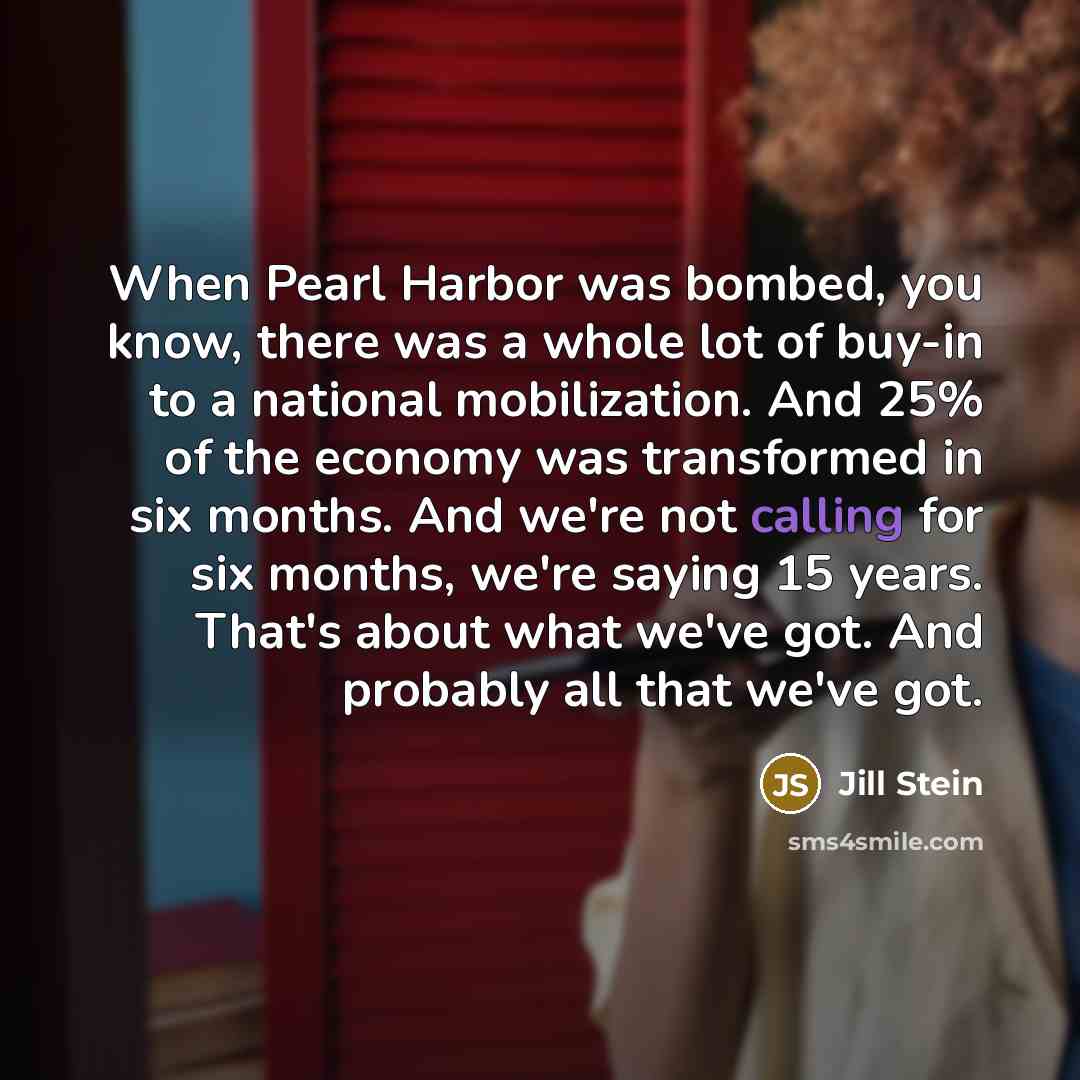 “When Pearl Harbor was bombed, you know, there was a whole lot of buy-in to a national mobilization. And 25% of the economy was transformed in six months. And we're not calling for six months, we're saying 15 years. That's about what we've got. And probably all that we've got.” quote by Jill Stein