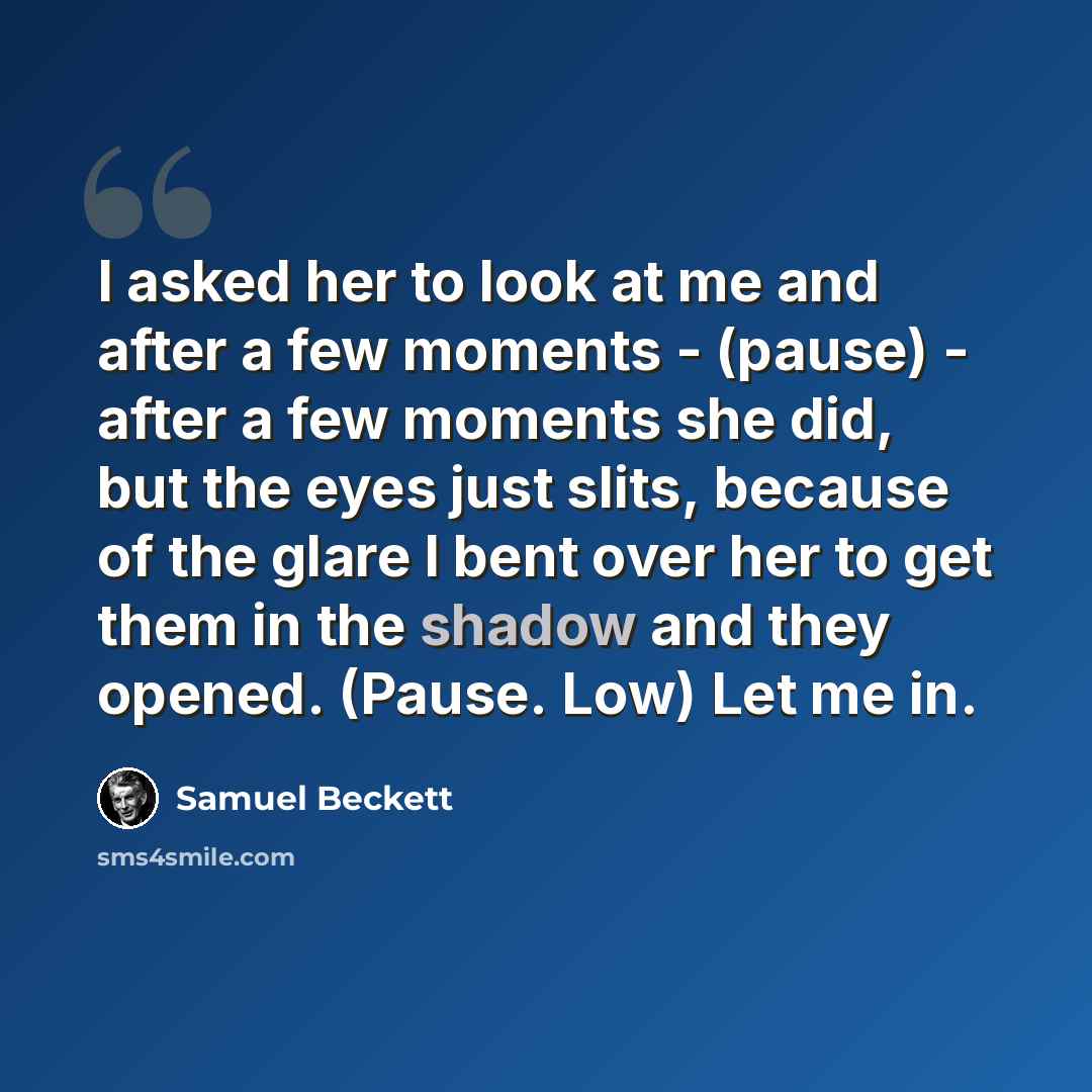 “I asked her to look at me and after a few moments - (pause) - after a few moments she did, but the eyes just slits, because of the glare I bent over her to get them in the shadow and they opened. (Pause. Low) Let me in.” quote by Samuel Beckett