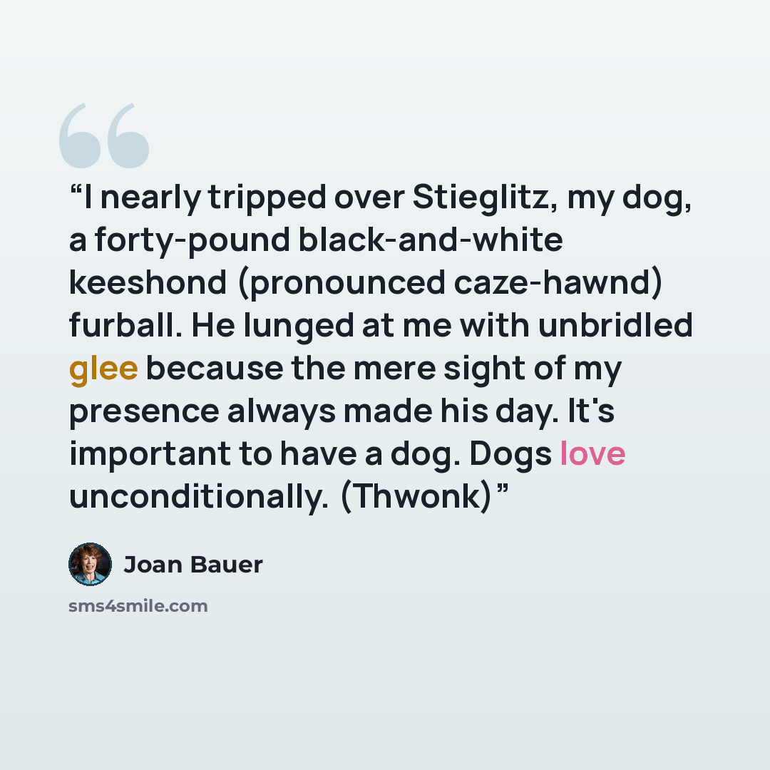 “I nearly tripped over Stieglitz, my dog, a forty-pound black-and-white keeshond (pronounced caze-hawnd) furball. He lunged at me with unbridled glee because the mere sight of my presence always made his day. It's important to have a dog. Dogs love unconditionally. (Thwonk)” quote by Joan Bauer
