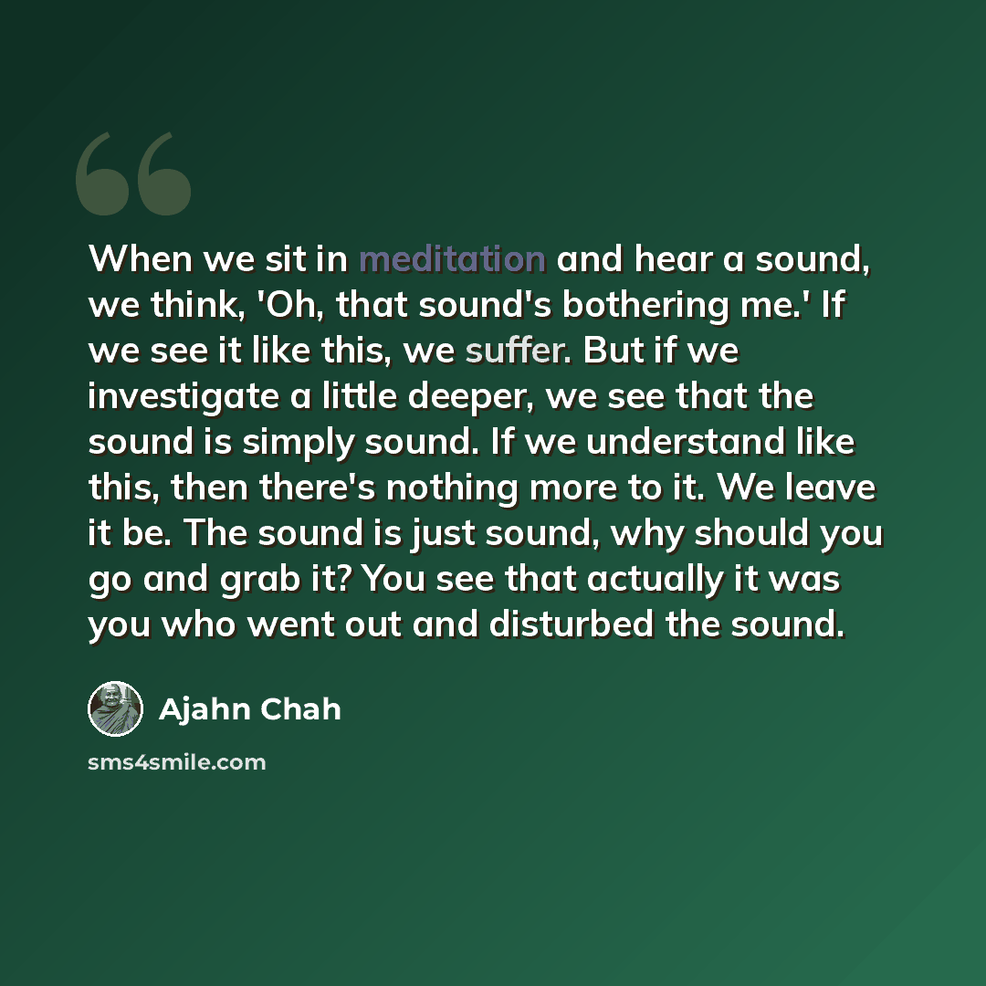 “When we sit in meditation and hear a sound, we think, 'Oh, that sound's bothering me.' If we see it like this, we suffer. But if we investigate a little deeper, we see that the sound is simply sound. If we understand like this, then there's nothing more to it. We leave it be. The sound is just…” quote by Ajahn Chah