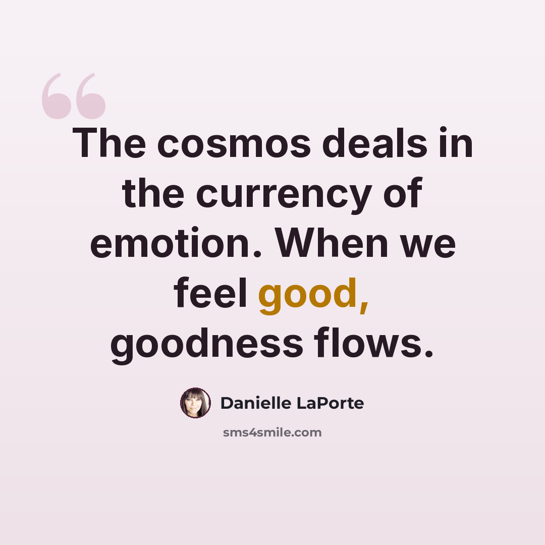 “The cosmos deals in the currency of emotion. When we feel good, goodness flows.” quote by Danielle LaPorte
