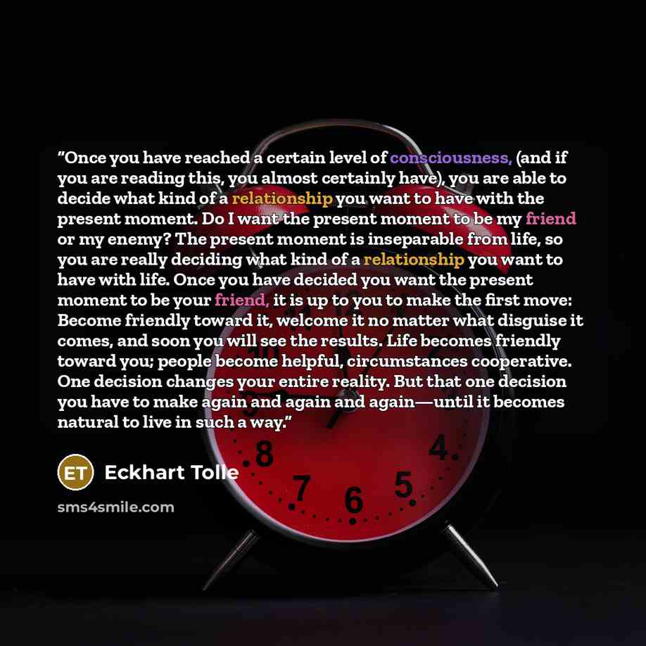 “Once you have reached a certain level of consciousness, (and if you are reading this, you almost certainly have), you are able to decide what kind of a relationship you want to have with the present moment. Do I want the present moment to be my friend or my enemy? The present moment is inseparable…” quote by Eckhart Tolle