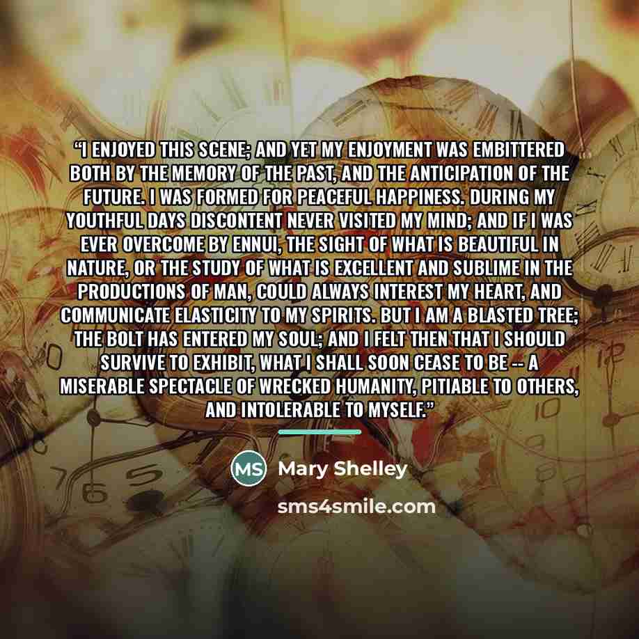 “I enjoyed this scene; and yet my enjoyment was embittered both by the memory of the past, and the anticipation of the future. I was formed for peaceful happiness. During my youthful days discontent never visited my mind; and if I was ever overcome by ennui, the sight of what is beautiful in…” quote by Mary Shelley