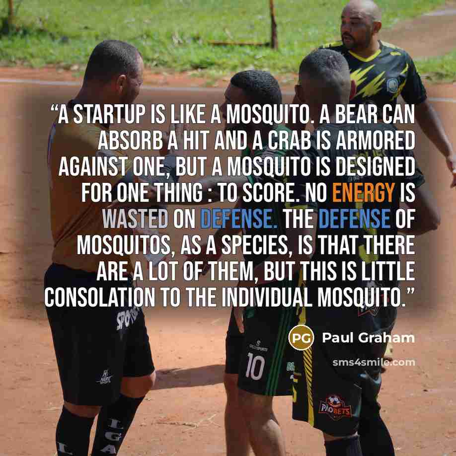 “A startup is like a mosquito. A bear can absorb a hit and a crab is armored against one, but a mosquito is designed for one thing : to score. No energy is wasted on defense. The defense of mosquitos, as a species, is that there are a lot of them, but this is little consolation to the individual…” quote by Paul Graham