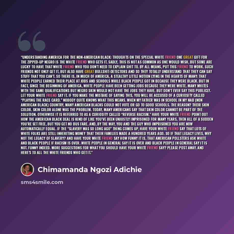 “Understanding America for the Non-American Black: Thoughts on the Special White Friend One great gift for the Zipped-Up Negro is The White Friend Who Gets It. Sadly, this is not as common as one would wish, but some are lucky to have that white friend who you don’t need to explain shit to. By all…” quote by Chimamanda Ngozi Adichie