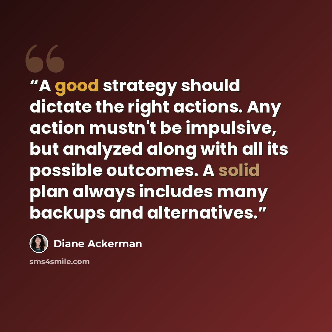“A good strategy should dictate the right actions. Any action mustn't be impulsive, but analyzed along with all its possible outcomes. A solid plan always includes many backups and alternatives.” quote by Diane Ackerman