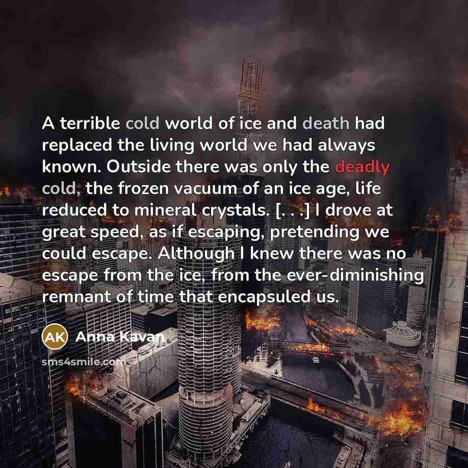 “A terrible cold world of ice and death had replaced the living world we had always known. Outside there was only the deadly cold, the frozen vacuum of an ice age, life reduced to mineral crystals. [. . .] I drove at great speed, as if escaping, pretending we could escape. Although I knew there was…” quote by Anna Kavan