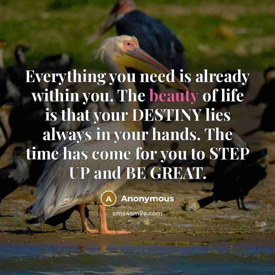 “Everything you need is already within you. The beauty of life is that your DESTINY lies always in your hands. The time has come for you to STEP UP and BE GREAT.” quote by Anonymous