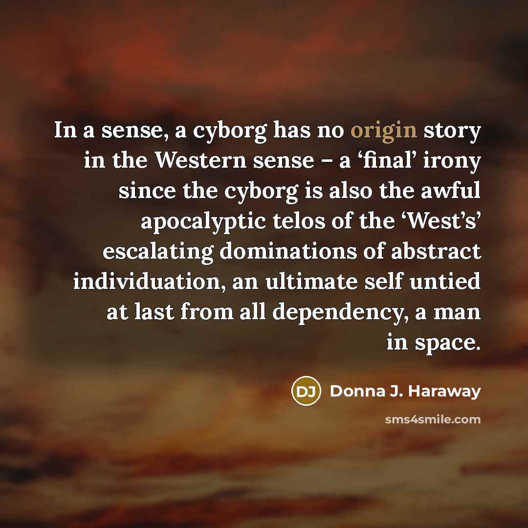 “In a sense, a cyborg has no origin story in the Western sense – a ‘final’ irony since the cyborg is also the awful apocalyptic telos of the ‘West’s’ escalating dominations of abstract individuation, an ultimate self untied at last from all dependency, a man in space.” quote by Donna J. Haraway
