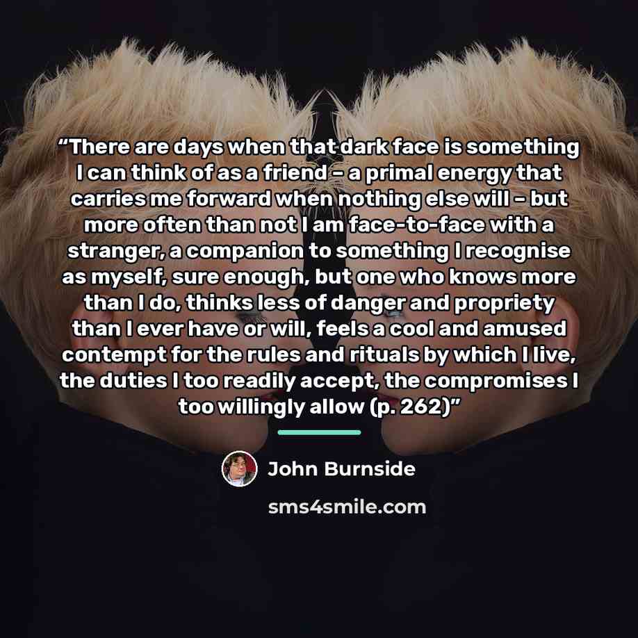 “There are days when that dark face is something I can think of as a friend – a primal energy that carries me forward when nothing else will – but more often than not I am face-to-face with a stranger, a companion to something I recognise as myself, sure enough, but one who knows more than I do…” quote by John Burnside