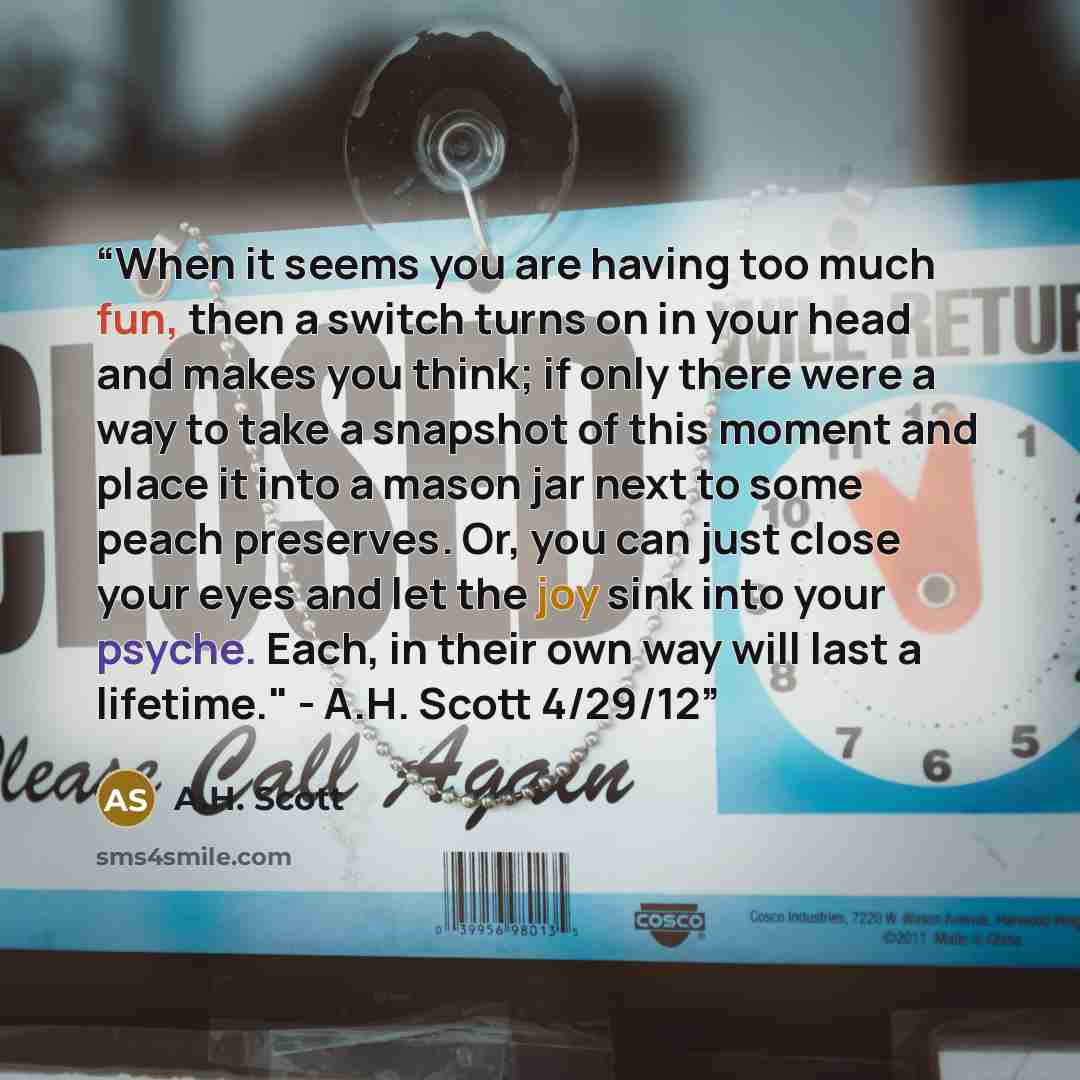 “When it seems you are having too much fun, then a switch turns on in your head and makes you think; if only there were a way to take a snapshot of this moment and place it into a mason jar next to some peach preserves. Or, you can just close your eyes and let the joy sink into your psyche. Each…” quote by A.H. Scott
