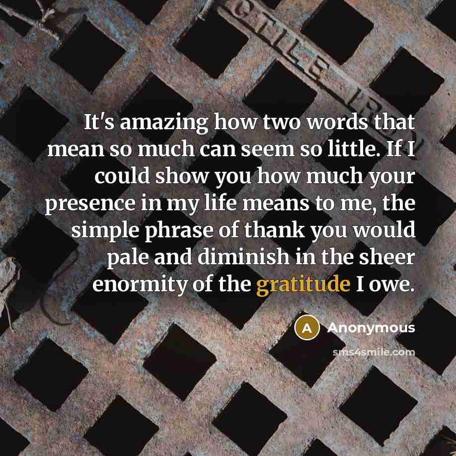“It's amazing how two words that mean so much can seem so little. If I could show you how much your presence in my life means to me, the simple phrase of thank you would pale and diminish in the sheer enormity of the gratitude I owe.” quote by Anonymous