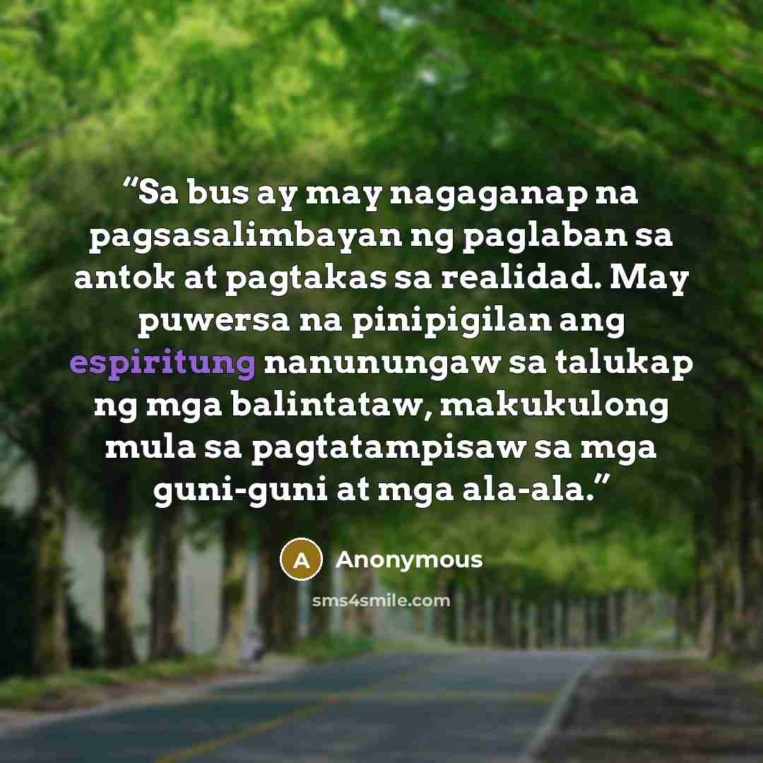 “Sa bus ay may nagaganap na pagsasalimbayan ng paglaban sa antok at pagtakas sa realidad. May puwersa na pinipigilan ang espiritung nanunungaw sa talukap ng mga balintataw, makukulong mula sa pagtatampisaw sa mga guni-guni at mga ala-ala.” quote by Anonymous