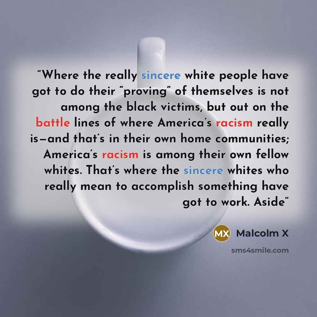 “Where the really sincere white people have got to do their “proving” of themselves is not among the black victims, but out on the battle lines of where America’s racism really is—and that’s in their own home communities; America’s racism is among their own fellow whites. That’s where the sincere…” quote by Malcolm X
