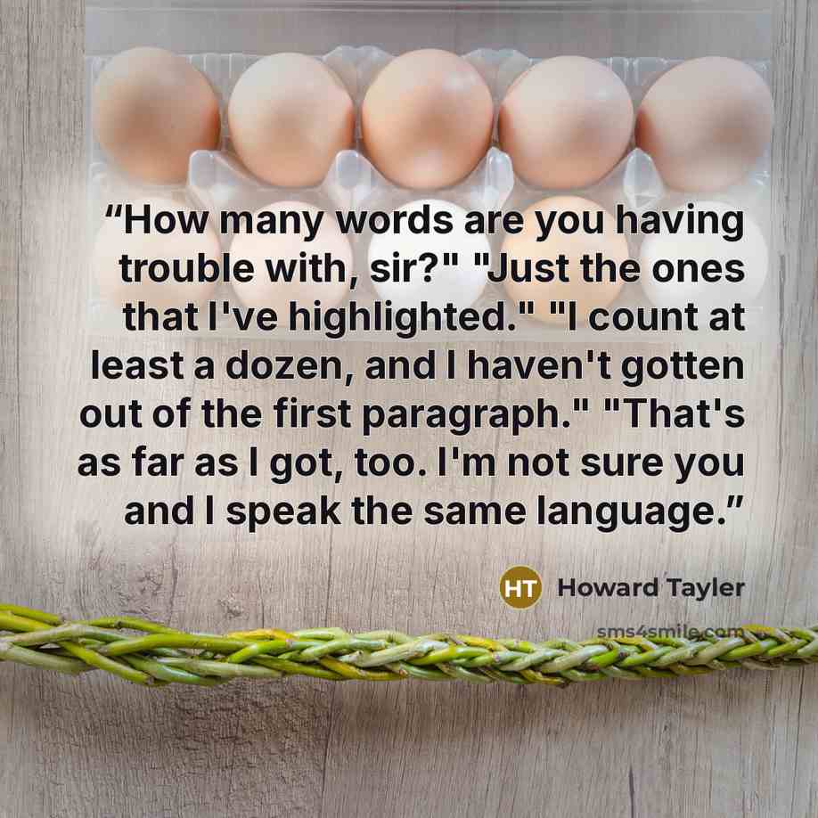 “How many words are you having trouble with, sir?" "Just the ones that I've highlighted." "I count at least a dozen, and I haven't gotten out of the first paragraph." "That's as far as I got, too. I'm not sure you and I speak the same language.” quote by Howard Tayler