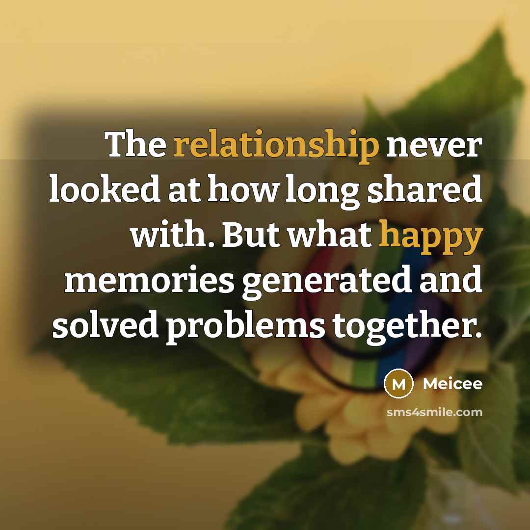 “The relationship never looked at how long shared with. But what happy memories generated and solved problems together.” quote by Meicee