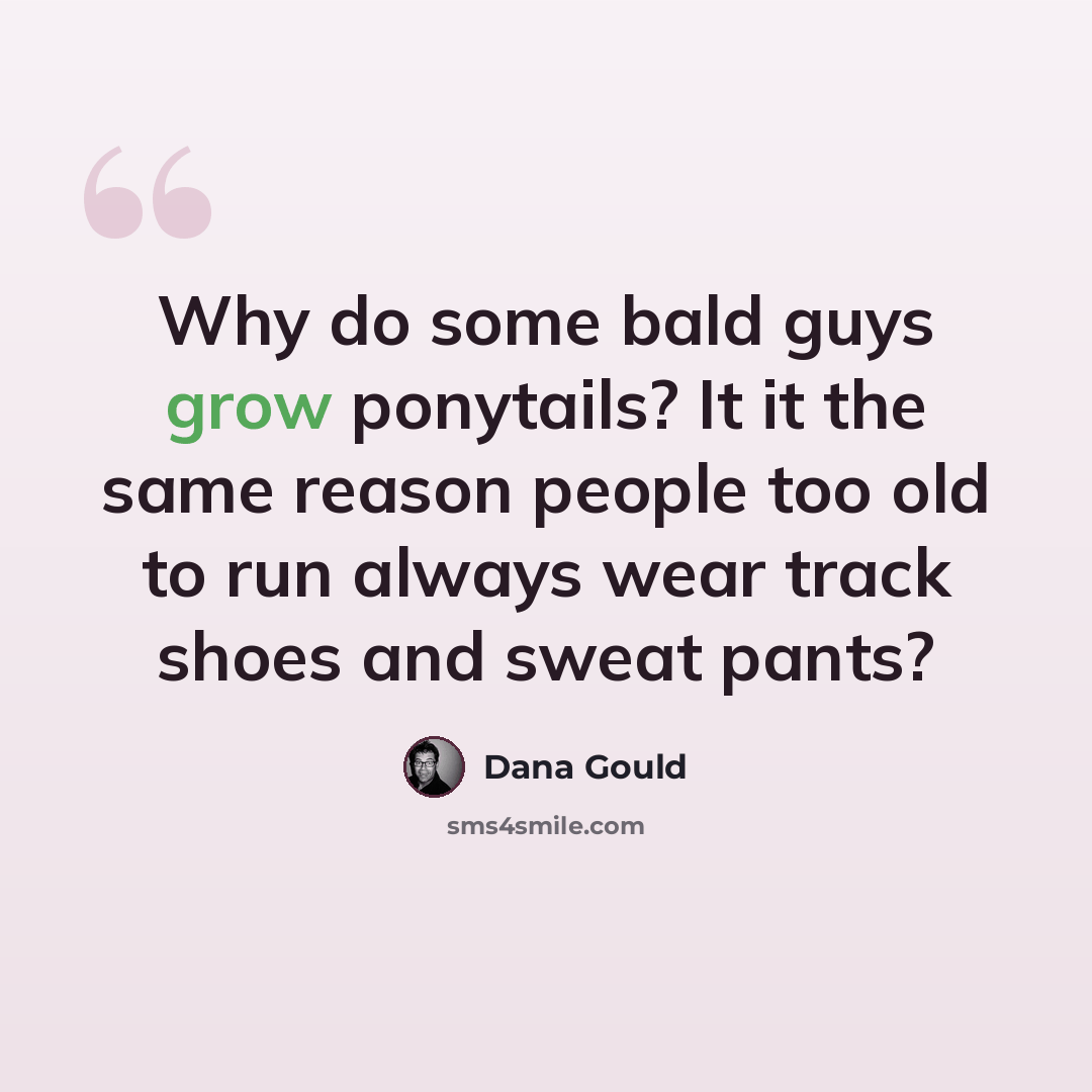 “Why do some bald guys grow ponytails? It it the same reason people too old to run always wear track shoes and sweat pants?” quote by Dana Gould