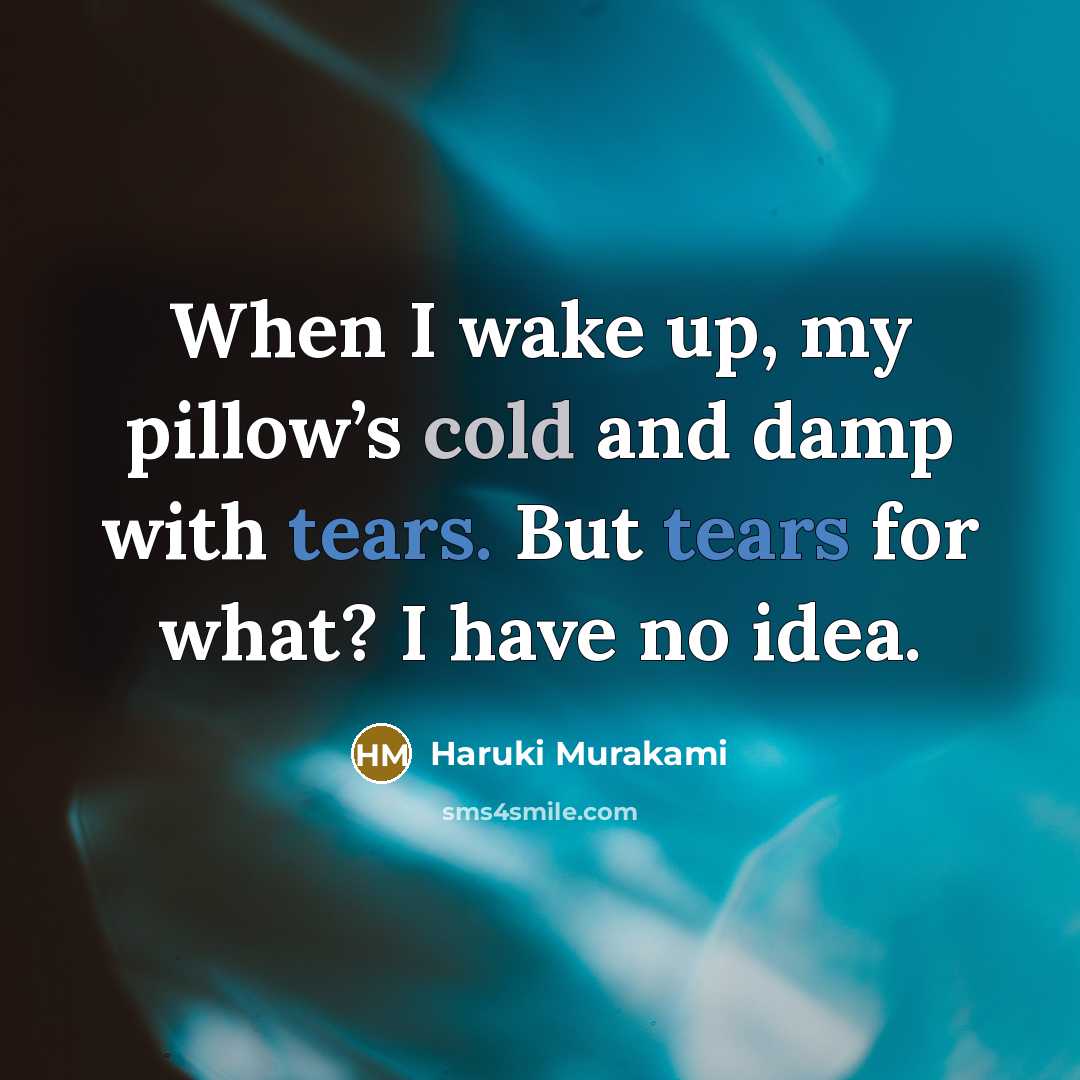 “When I wake up, my pillow’s cold and damp with tears. But tears for what? I have no idea.” quote by Haruki Murakami