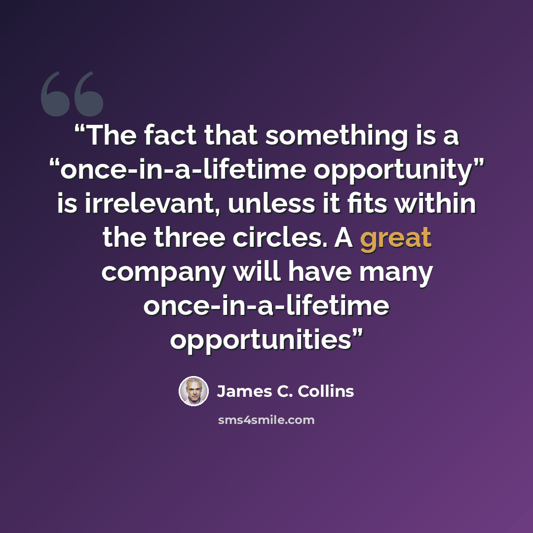“The fact that something is a “once-in-a-lifetime opportunity” is irrelevant, unless it fits within the three circles. A great company will have many once-in-a-lifetime opportunities” quote by James C. Collins