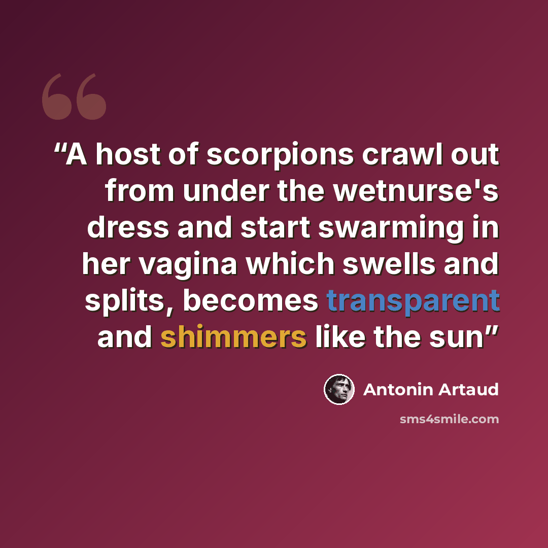 “A host of scorpions crawl out from under the wetnurse's dress and start swarming in her vagina which swells and splits, becomes transparent and shimmers like the sun” quote by Antonin Artaud