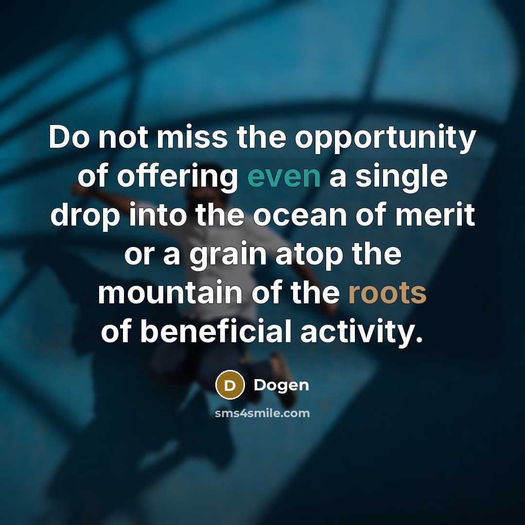 “Do not miss the opportunity of offering even a single drop into the ocean of merit or a grain atop the mountain of the roots of beneficial activity.” quote by Dogen