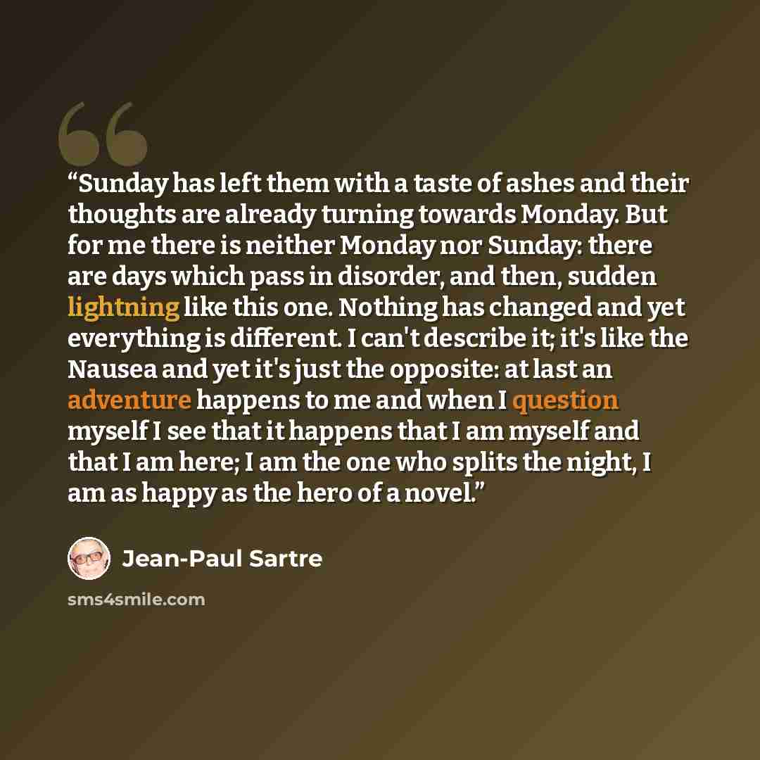“Sunday has left them with a taste of ashes and their thoughts are already turning towards Monday. But for me there is neither Monday nor Sunday: there are days which pass in disorder, and then, sudden lightning like this one. Nothing has changed and yet everything is different. I can't describe…” quote by Jean-Paul Sartre