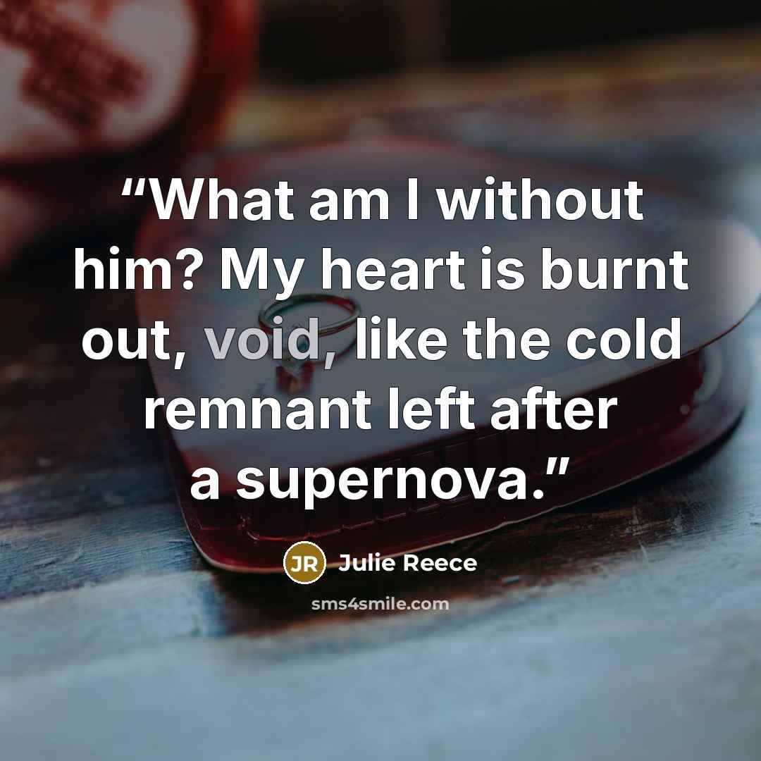 “What am I without him? My heart is burnt out, void, like the cold remnant left after a supernova.” quote by Julie Reece