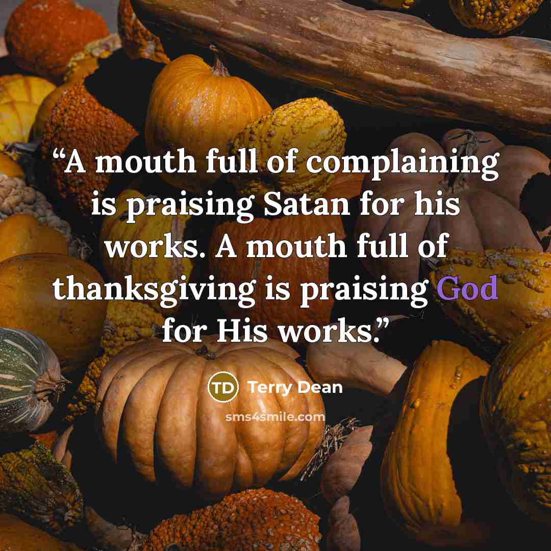 “A mouth full of complaining is praising Satan for his works. A mouth full of thanksgiving is praising God for His works.” quote by Terry Dean