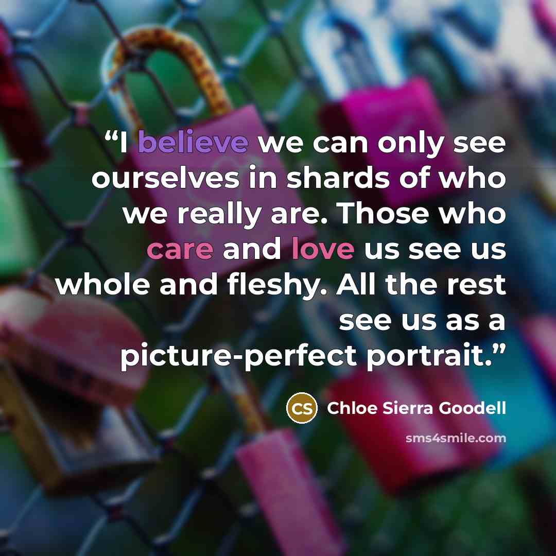 “I believe we can only see ourselves in shards of who we really are. Those who care and love us see us whole and fleshy. All the rest see us as a picture-perfect portrait.” quote by Chloe Sierra Goodell