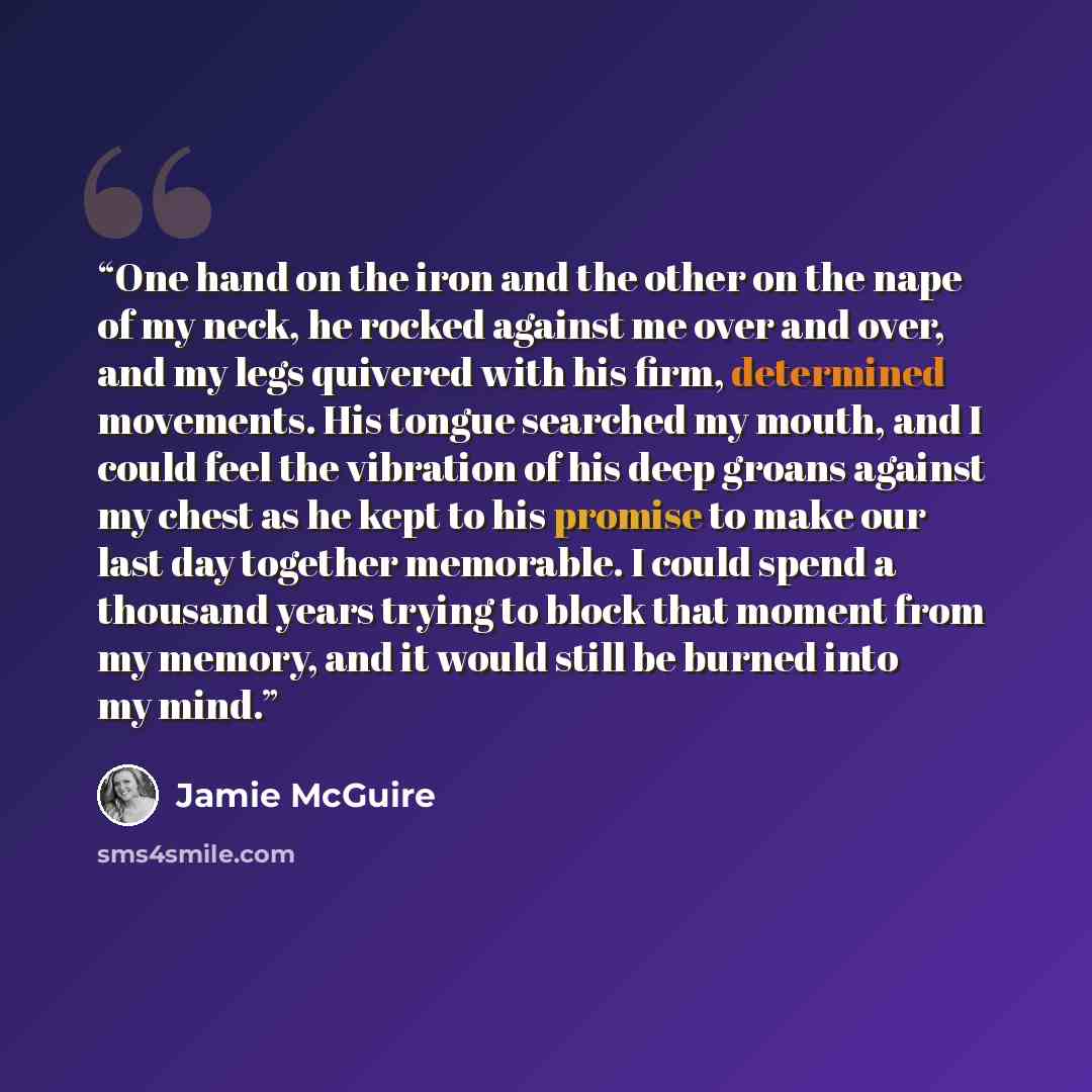 “One hand on the iron and the other on the nape of my neck, he rocked against me over and over, and my legs quivered with his firm, determined movements. His tongue searched my mouth, and I could feel the vibration of his deep groans against my chest as he kept to his promise to make our last day…” quote by Jamie McGuire