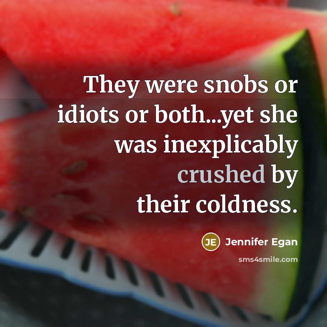 “They were snobs or idiots or both...yet she was inexplicably crushed by their coldness.” quote by Jennifer Egan
