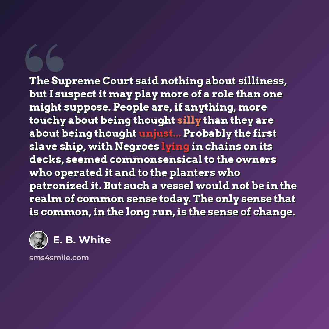 “The Supreme Court said nothing about silliness, but I suspect it may play more of a role than one might suppose. People are, if anything, more touchy about being thought silly than they are about being thought unjust... Probably the first slave ship, with Negroes lying in chains on its decks…” quote by E. B. White