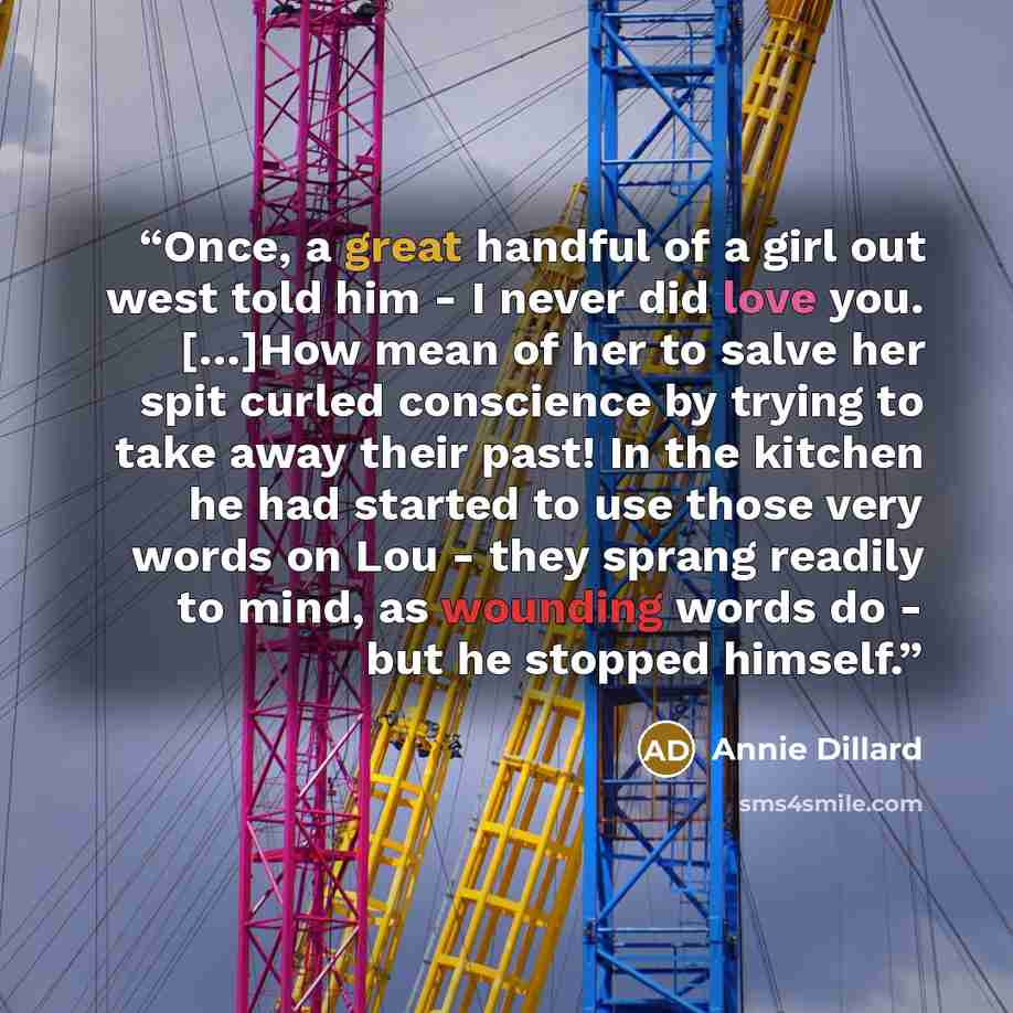 “Once, a great handful of a girl out west told him - I never did love you. […]How mean of her to salve her spit curled conscience by trying to take away their past! In the kitchen he had started to use those very words on Lou - they sprang readily to mind, as wounding words do - but he stopped…” quote by Annie Dillard