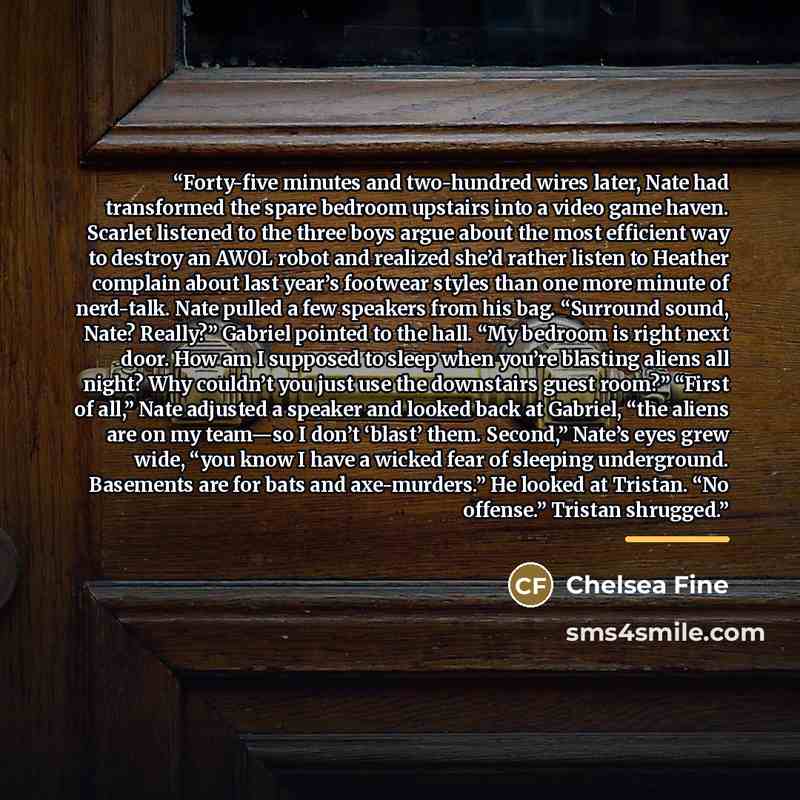 “Forty-five minutes and two-hundred wires later, Nate had transformed the spare bedroom upstairs into a video game haven. Scarlet listened to the three boys argue about the most efficient way to destroy an AWOL robot and realized she’d rather listen to Heather complain about last year’s footwear…” quote by Chelsea Fine