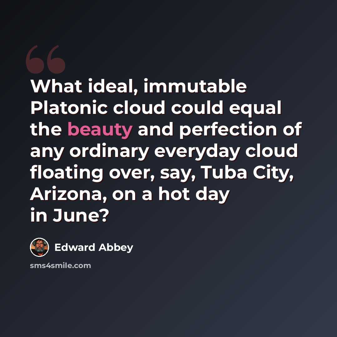 “What ideal, immutable Platonic cloud could equal the beauty and perfection of any ordinary everyday cloud floating over, say, Tuba City, Arizona, on a hot day in June?” quote by Edward Abbey