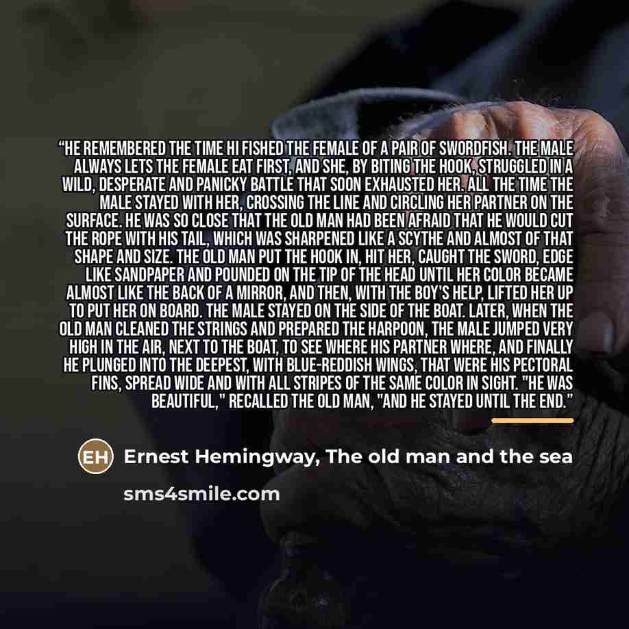 “He remembered the time hi fished the female of a pair of swordfish. The male always lets the female eat first, and she, by biting the hook, struggled in a wild, desperate and panicky battle that soon exhausted her. All the time the male stayed with her, crossing the line and circling her partner…” quote by Anonymous