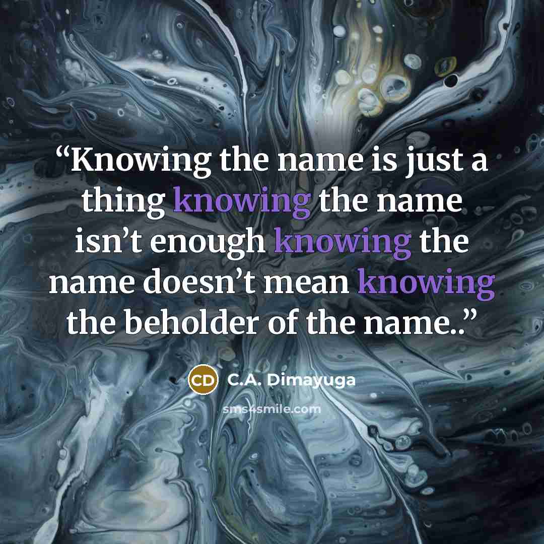 “Knowing the name is just a thing knowing the name isn’t enough knowing the name doesn’t mean knowing the beholder of the name..” quote by C.A. Dimayuga