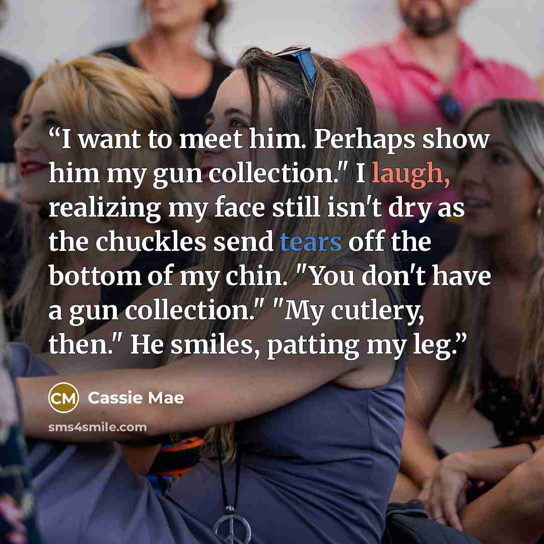 “I want to meet him. Perhaps show him my gun collection." I laugh, realizing my face still isn't dry as the chuckles send tears off the bottom of my chin. "You don't have a gun collection." "My cutlery, then." He smiles, patting my leg.” quote by Cassie Mae