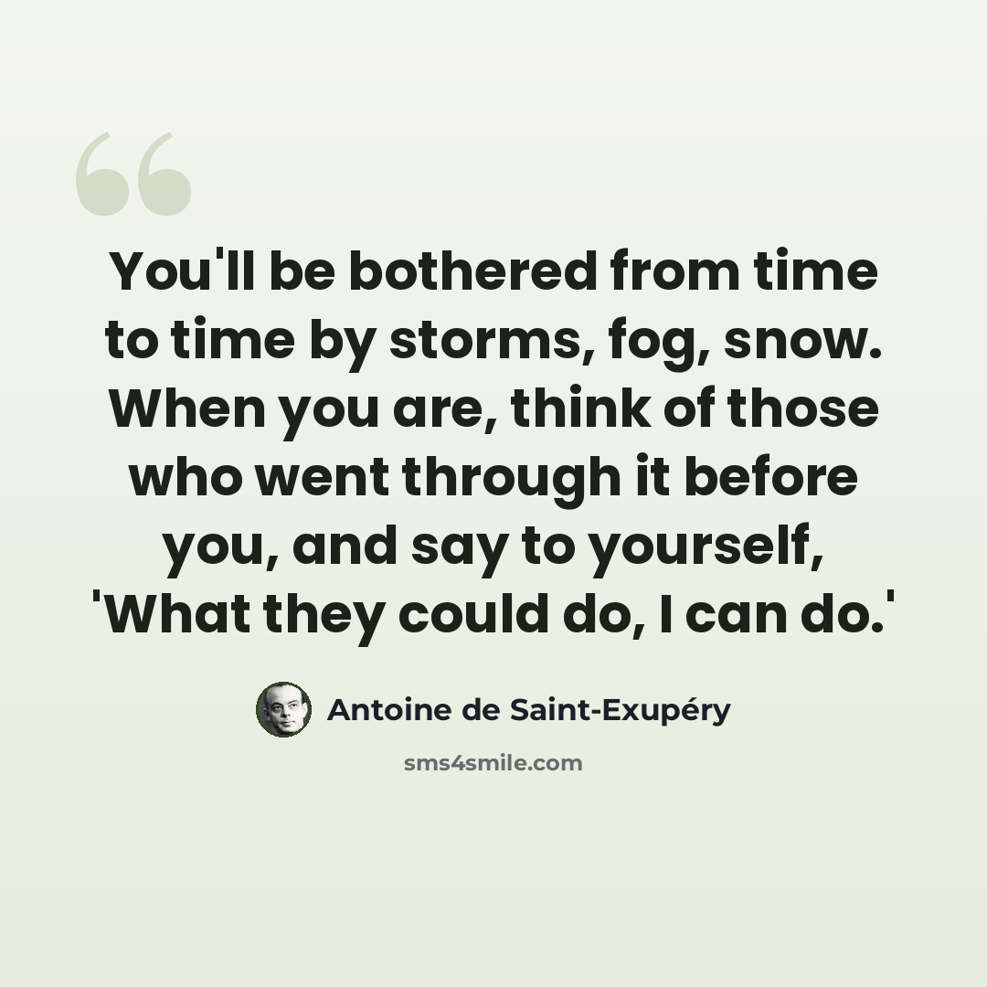 “You'll be bothered from time to time by storms, fog, snow. When you are, think of those who went through it before you, and say to yourself, 'What they could do, I can do.'” quote by Antoine de Saint-Exupery
