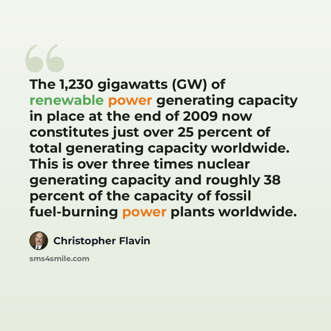 “The 1,230 gigawatts (GW) of renewable power generating capacity in place at the end of 2009 now constitutes just over 25 percent of total generating capacity worldwide. This is over three times nuclear generating capacity and roughly 38 percent of the capacity of fossil fuel-burning power plants…” quote by Christopher Flavin