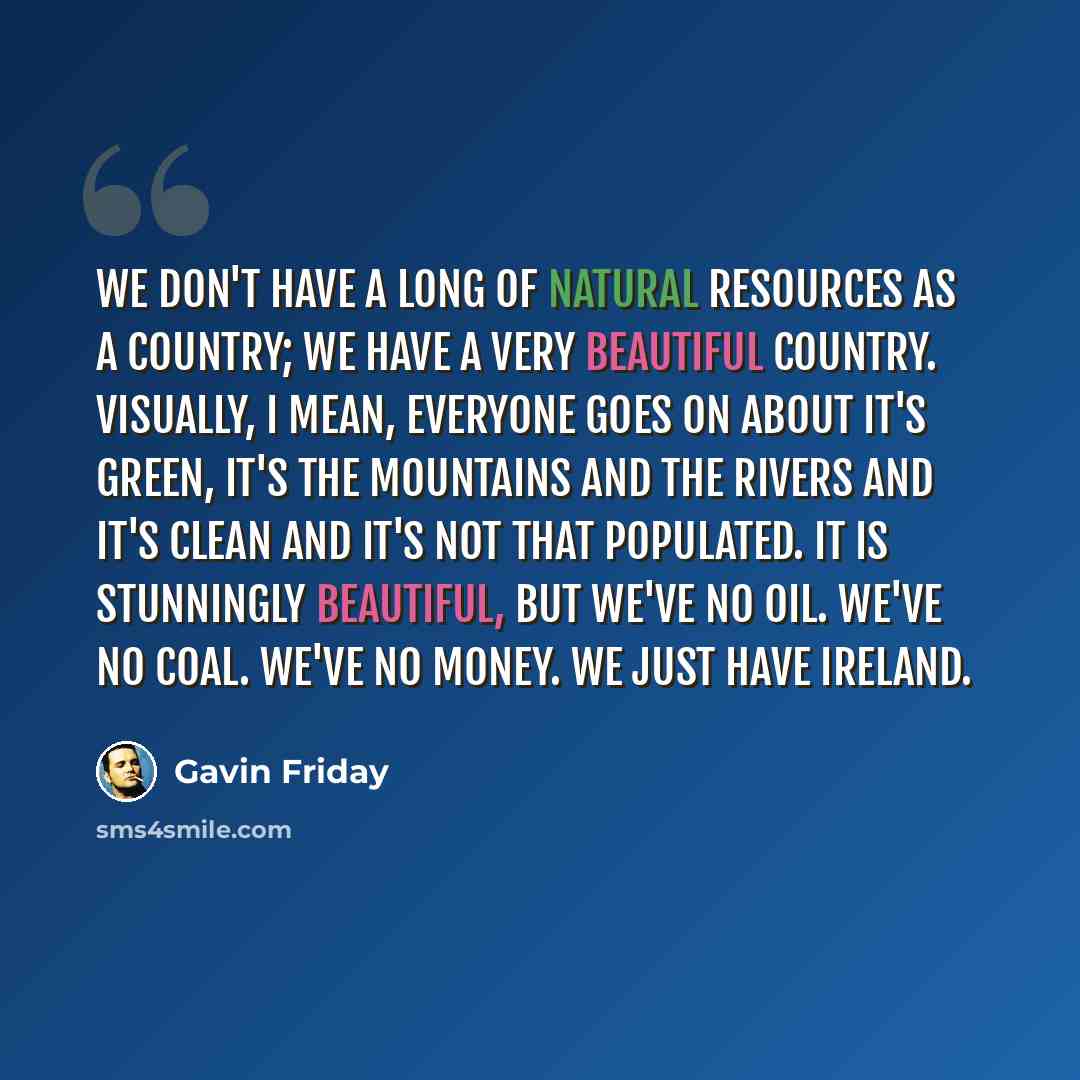 “We don't have a long of natural resources as a country; we have a very beautiful country. Visually, I mean, everyone goes on about it's green, it's the mountains and the rivers and it's clean and it's not that populated. It is stunningly beautiful, but we've no oil. We've no coal. We've no money…” quote by Gavin Friday