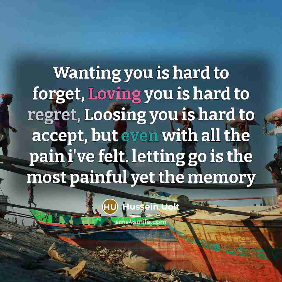 “Wanting you is hard to forget, Loving you is hard to regret, Loosing you is hard to accept, but even with all the pain i've felt. letting go is the most painful yet the memory” quote by Hussein Uolt