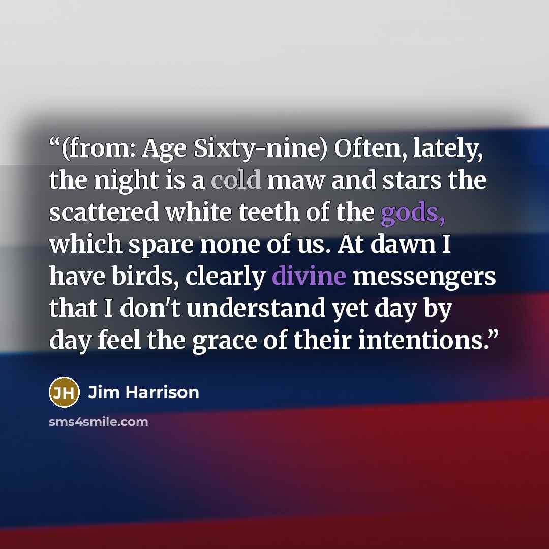 “(from: Age Sixty-nine) Often, lately, the night is a cold maw and stars the scattered white teeth of the gods, which spare none of us. At dawn I have birds, clearly divine messengers that I don't understand yet day by day feel the grace of their intentions.” quote by Jim Harrison