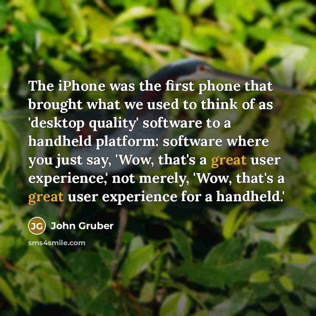 “The iPhone was the first phone that brought what we used to think of as 'desktop quality' software to a handheld platform: software where you just say, 'Wow, that's a great user experience,' not merely, 'Wow, that's a great user experience for a handheld.'” quote by John Gruber
