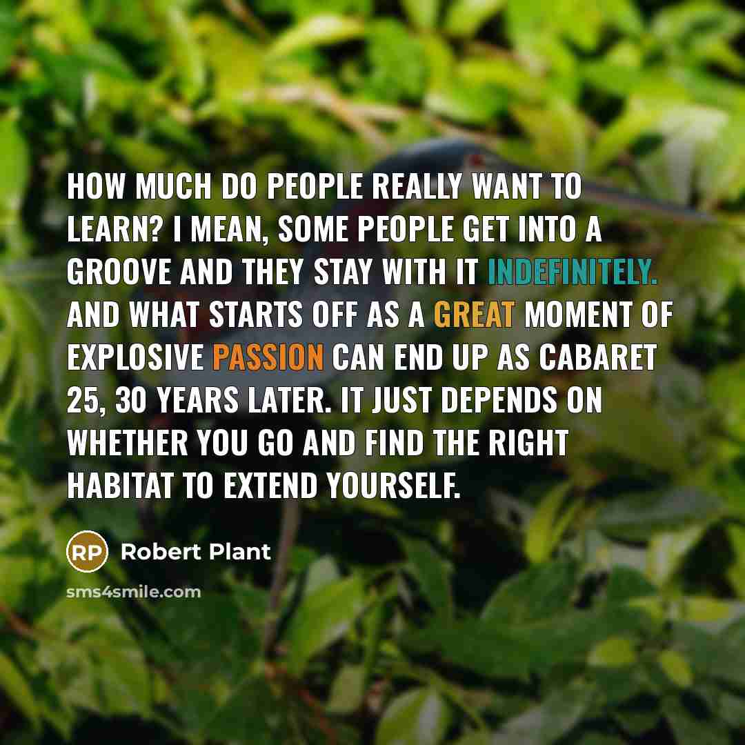 “How much do people really want to learn? I mean, some people get into a groove and they stay with it indefinitely. And what starts off as a great moment of explosive passion can end up as cabaret 25, 30 years later. It just depends on whether you go and find the right habitat to extend yourself.” quote by Robert Plant