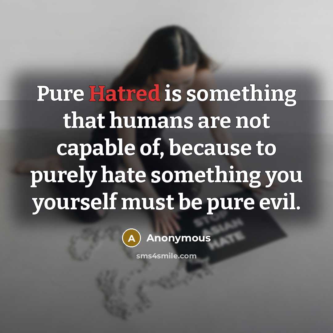 “Pure Hatred is something that humans are not capable of, because to purely hate something you yourself must be pure evil.” quote by Anonymous